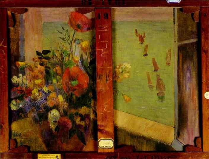 Bouquet of Flowers with a Window Open to the Sea (Reverse of Hay-Making in Brittany) by Paul Gauguin