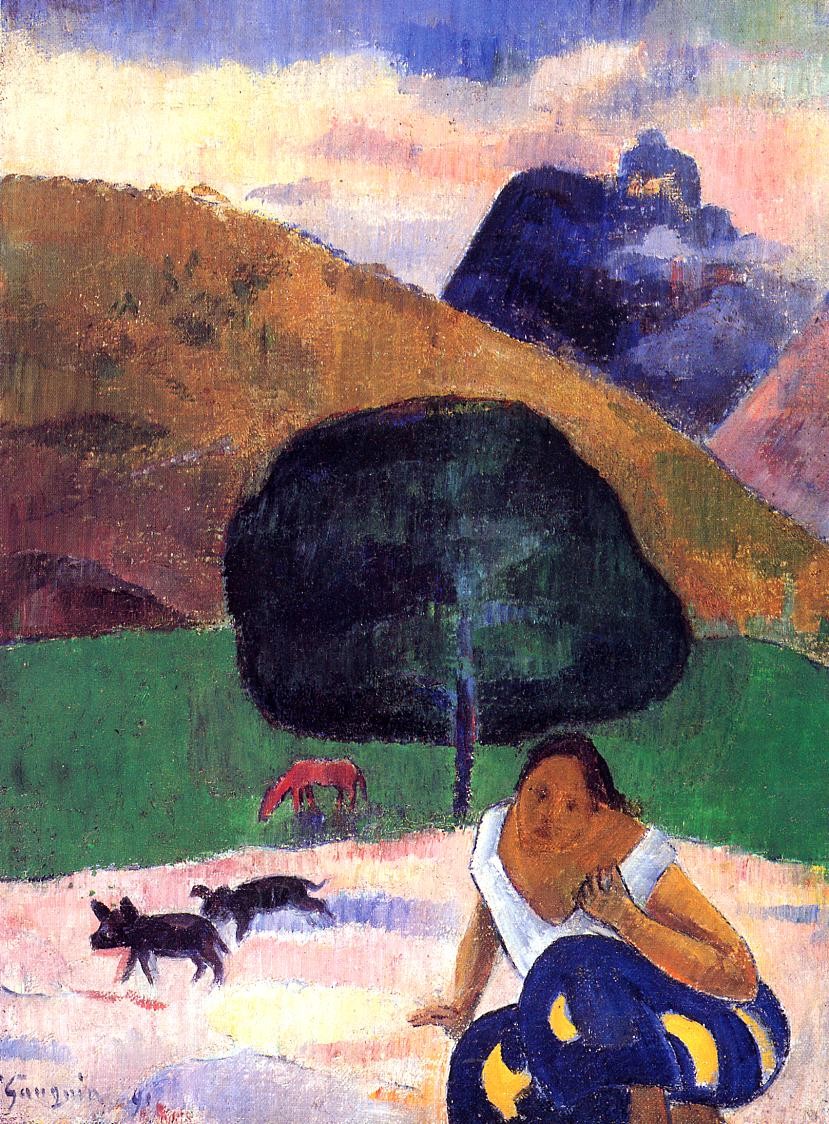 Landscape with black pigs and a crouching Tahitian by Paul Gauguin
