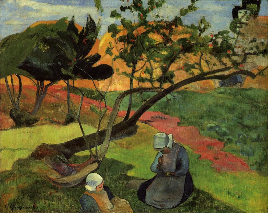 Landscape with two breton women by Paul Gauguin