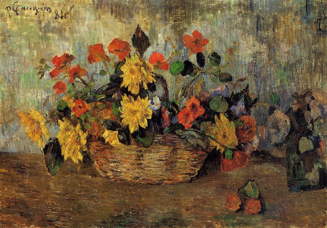Nasturtiums & dahlias in a basket by Paul Gauguin