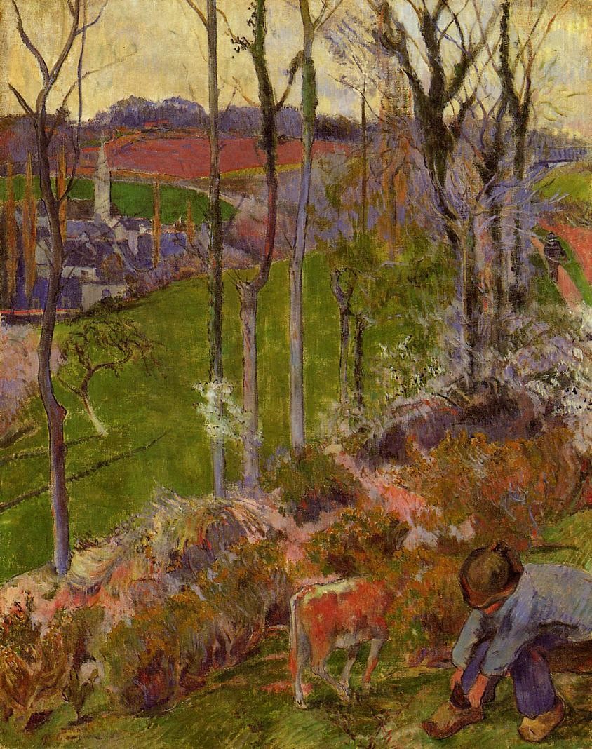Petit Breton arranging his shoe, or Landscape at Pont-Aven, Brittany by Paul Gauguin
