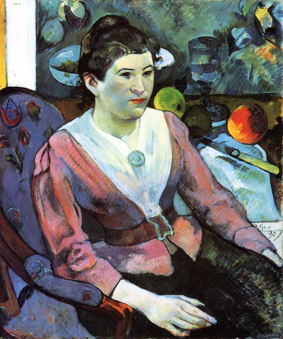 Portrait of woman against the Cezanne's still life with apples by Paul Gauguin