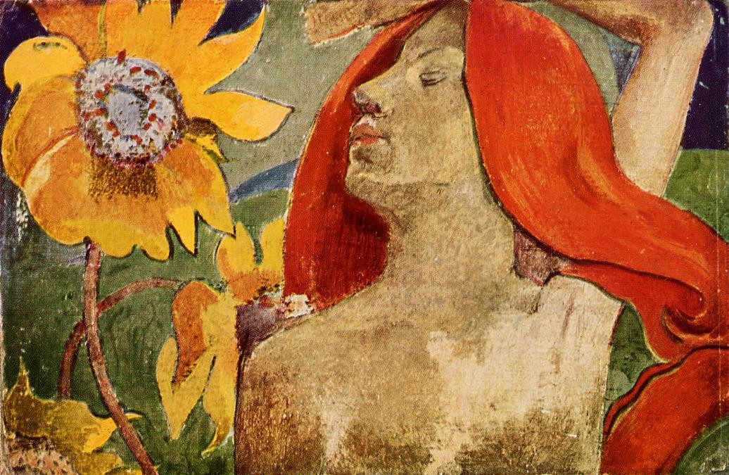 Redheaded woman and sunflowers by Paul Gauguin