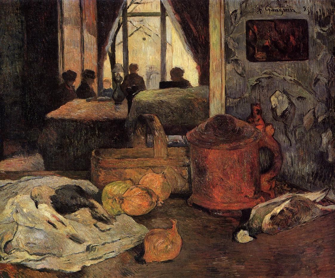 Still life of onions and pigeons and room interior in Copenhagen by Paul Gauguin