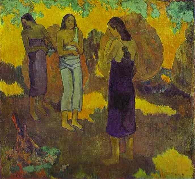 Three Tahitian Women against a Yellow Background, 1899 (oil on canvas) by Paul Gauguin