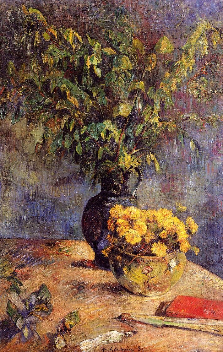 Two vases of flowers and a fan by Paul Gauguin