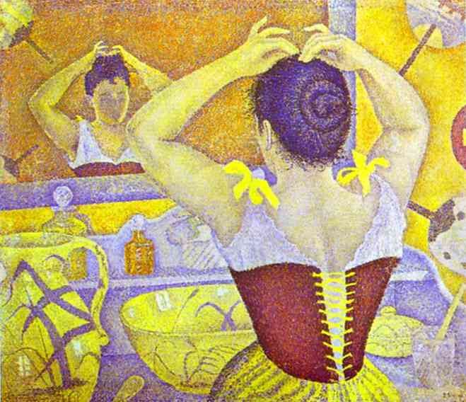 Woman at her toilette wearing a purple corset by Paul Signac