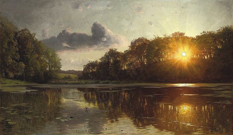 Sunset over a forest lake by Peder Monsted