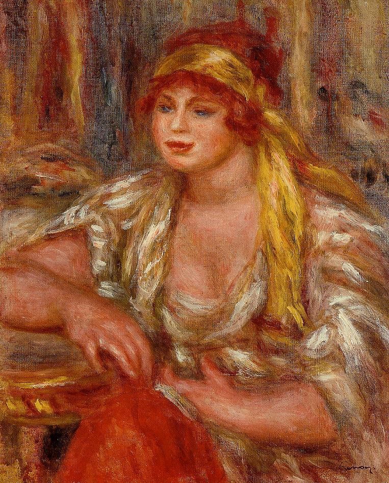 Andree in Yellow Turban and Blue Skirt by Pierre-Auguste Renoir