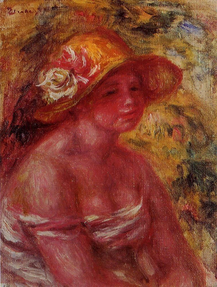 Bust of a Young Girl Wearing a Straw Hat by Pierre-Auguste Renoir