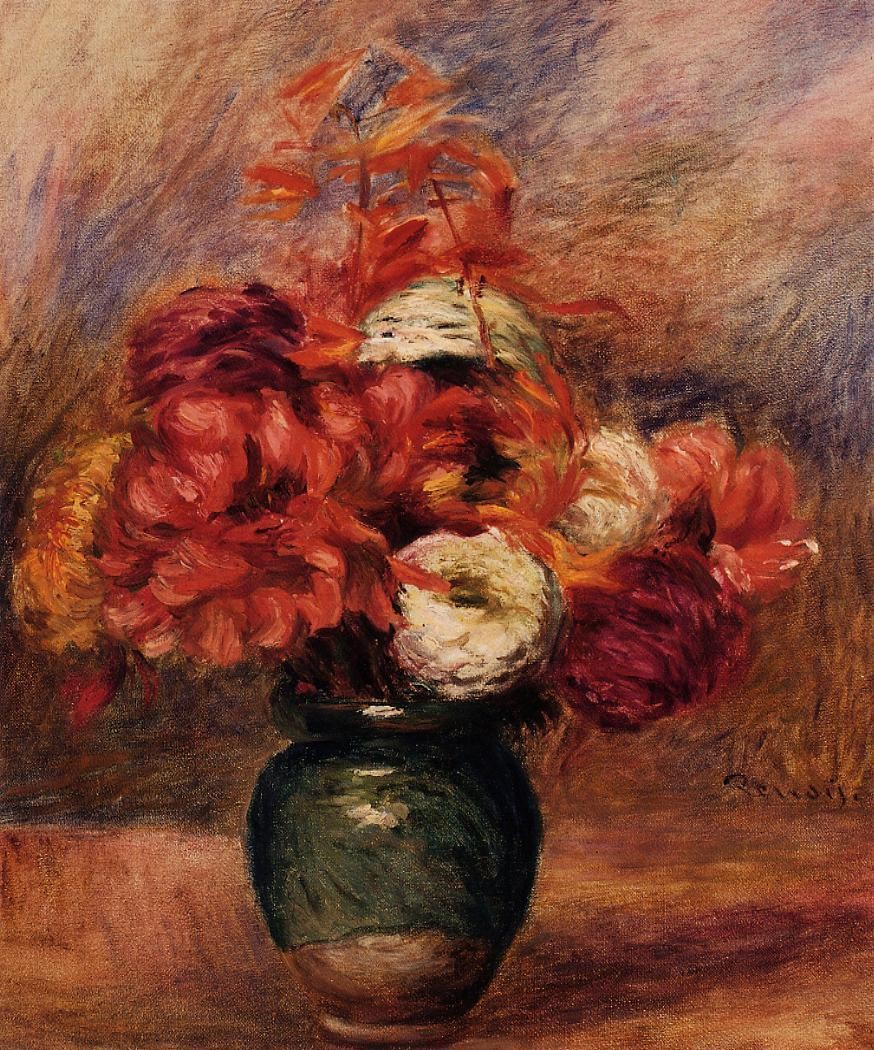 Flowers in a Green Vase Dahlilas and Asters by Pierre-Auguste Renoir