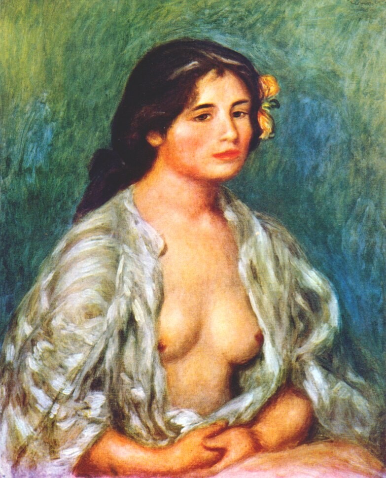Gabrielle with open blouse by Pierre-Auguste Renoir