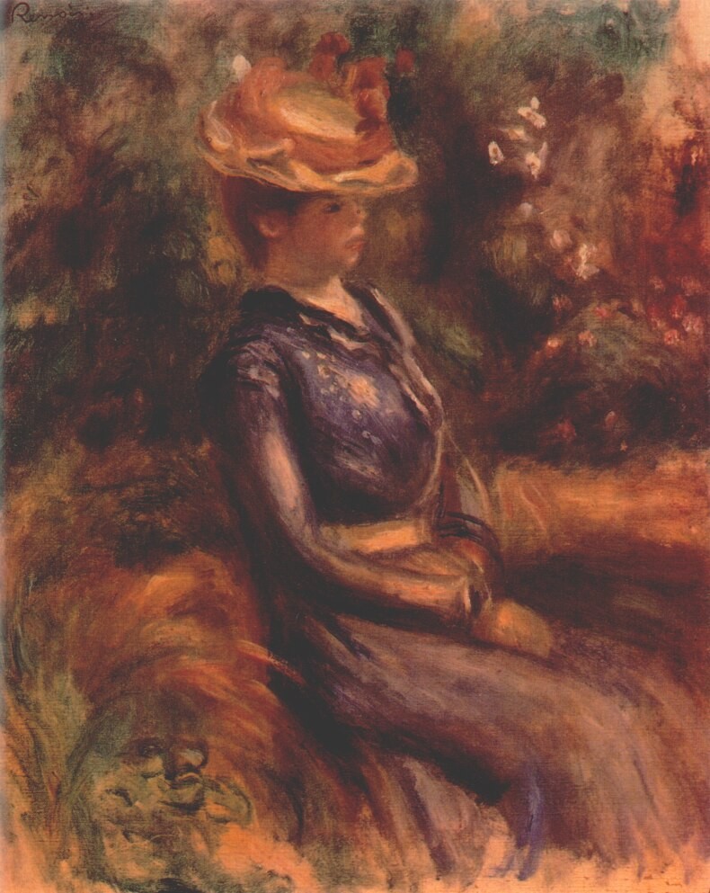 Girl wearing a straw hat by Pierre-Auguste Renoir