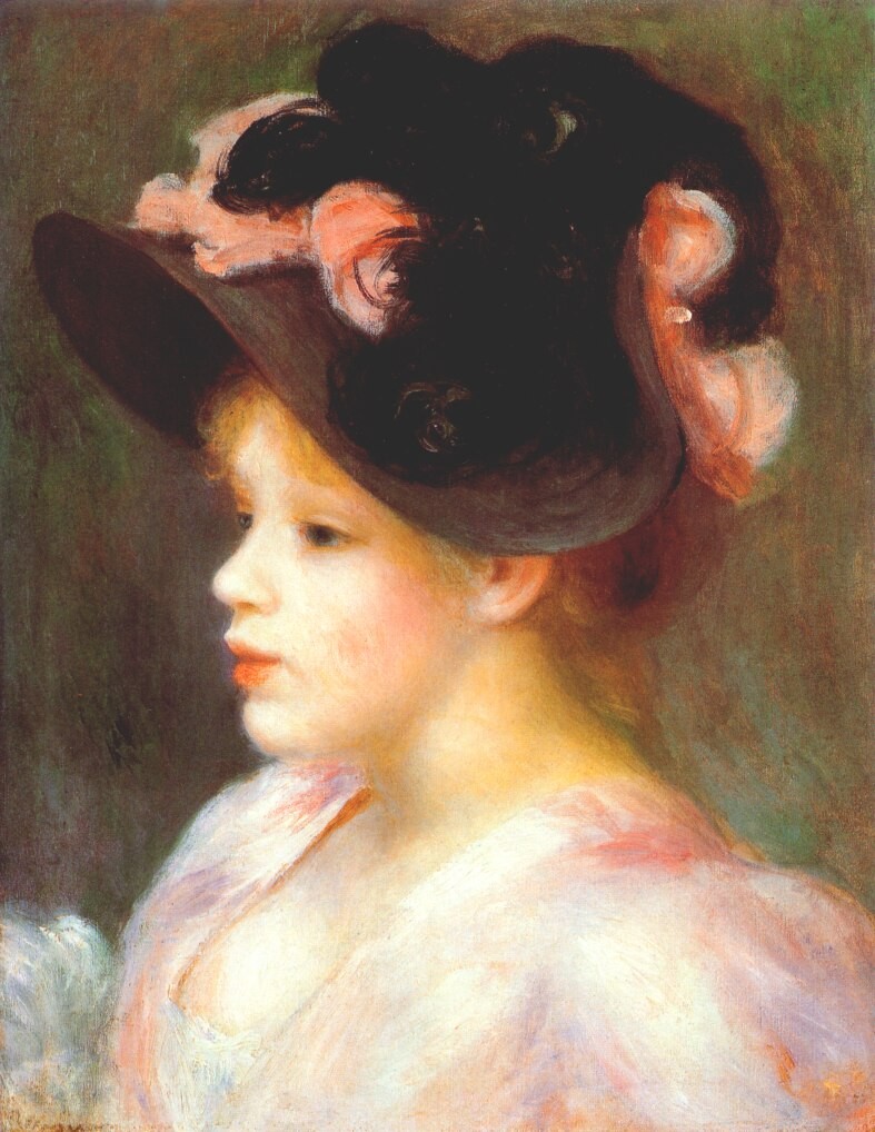 Girl with a pink and black hat by Pierre-Auguste Renoir