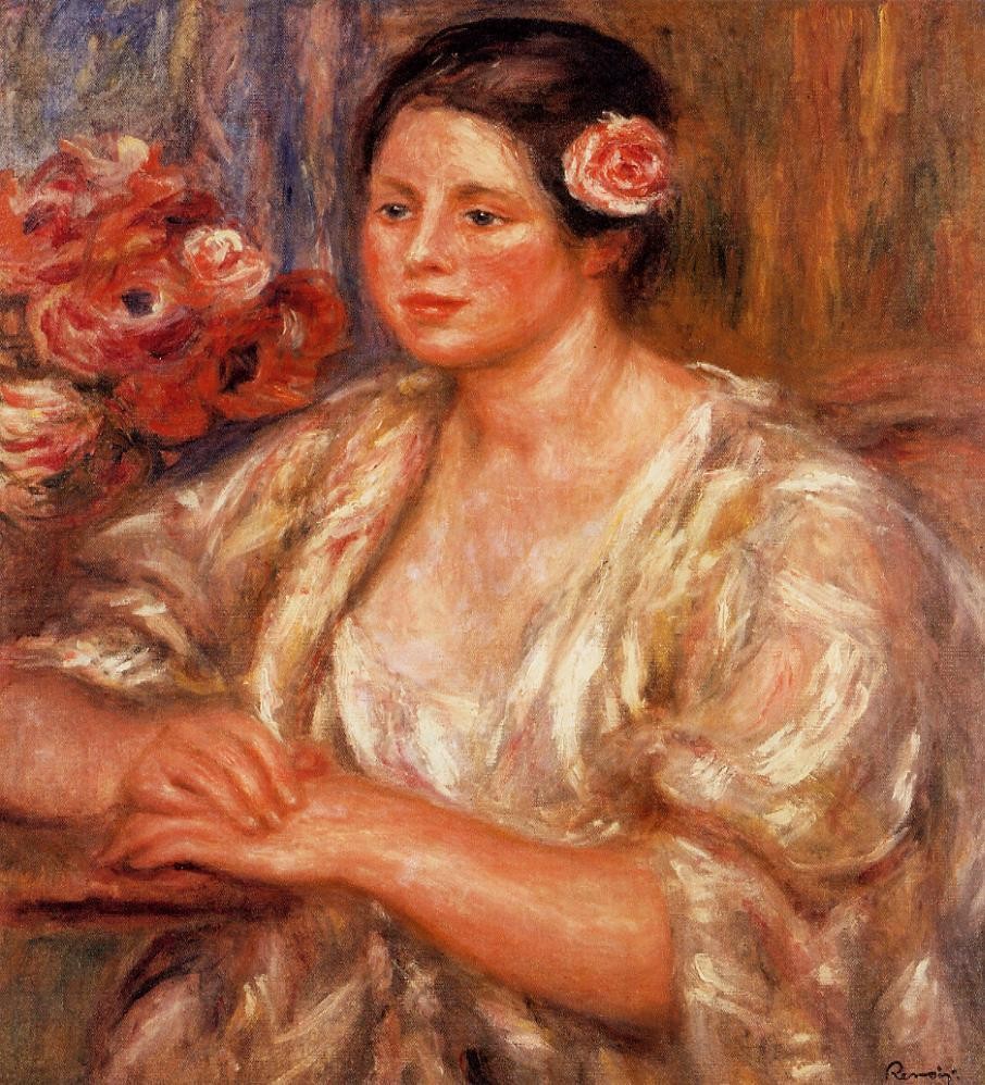 Madelaine in a White Blouse and a Bouquet of Flowers by Pierre-Auguste Renoir