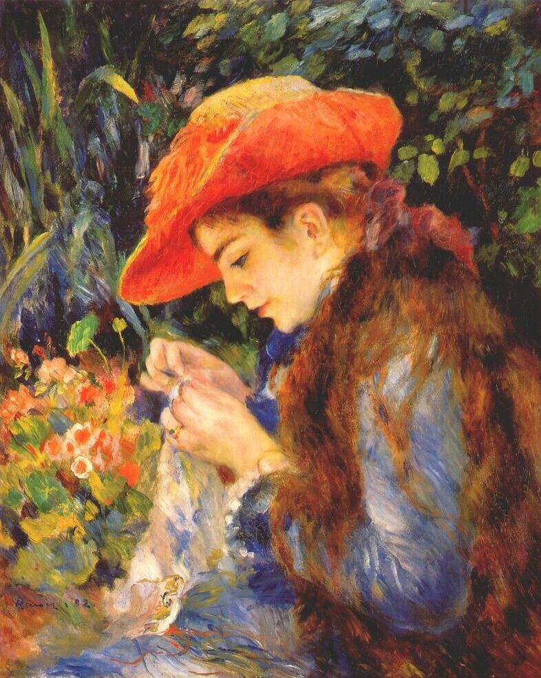 Marie Therese durand ruel sewing by Pierre-Auguste Renoir
