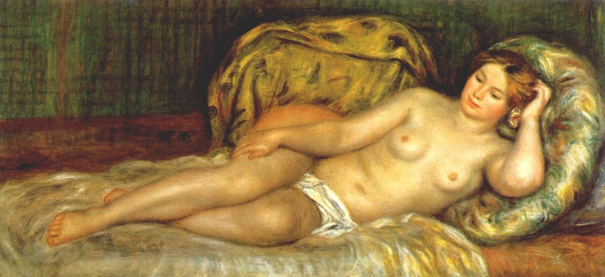 Nude reclining on cushions by Pierre-Auguste Renoir