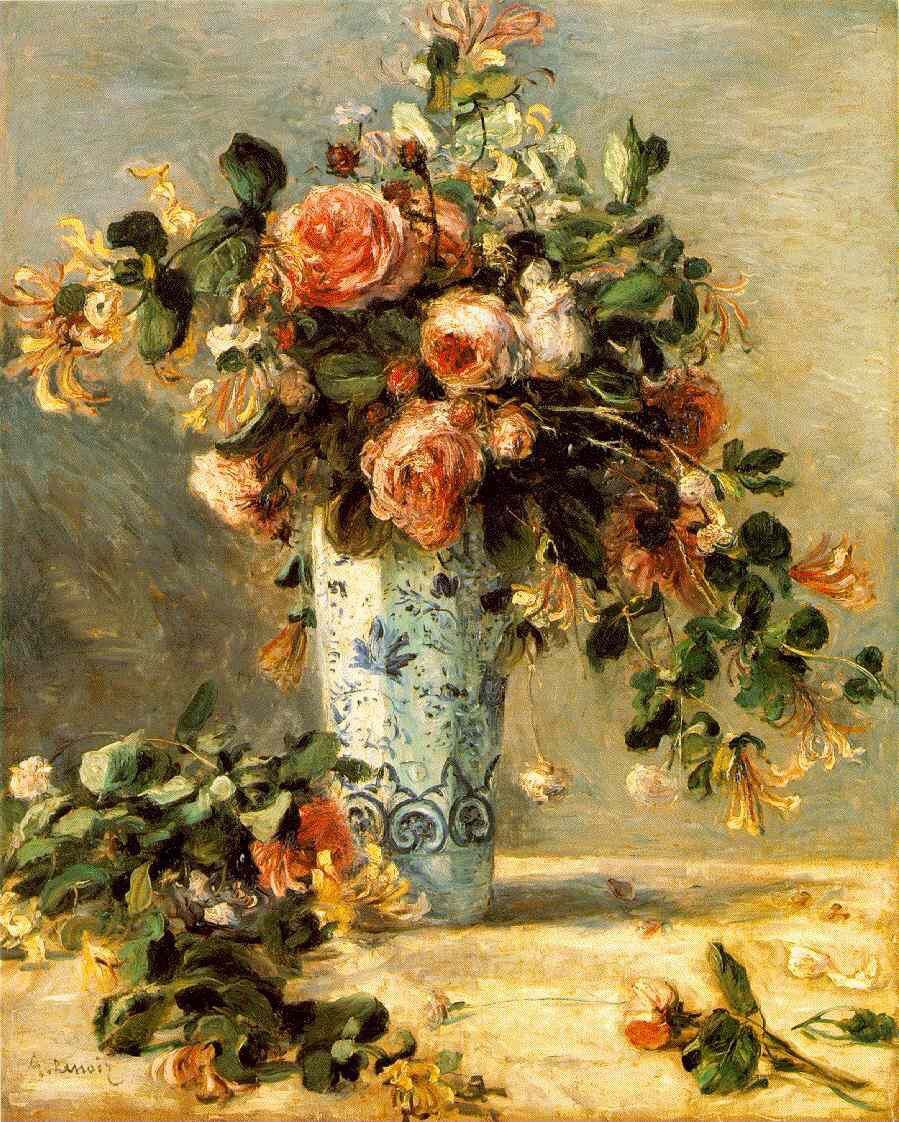 Roses and Jasmine in a Delft Vase by Pierre-Auguste Renoir