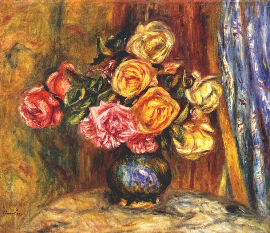 Roses in front of a blue curtain by Pierre-Auguste Renoir