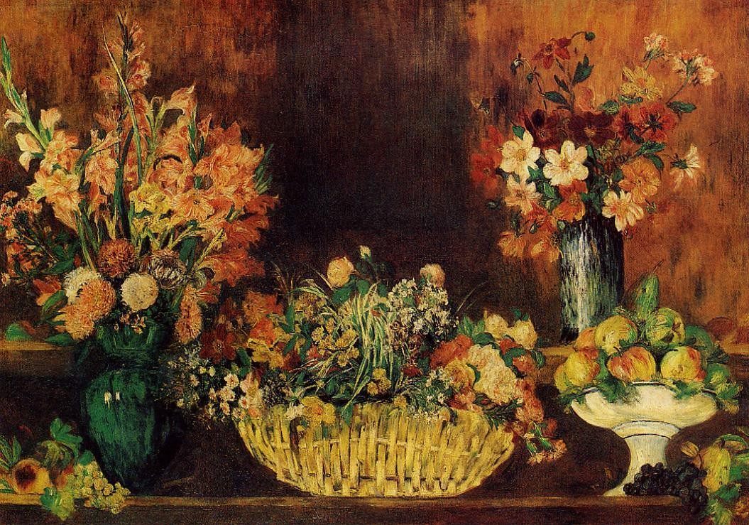 Vase, Basket of Flowers and Fruit by Pierre-Auguste Renoir