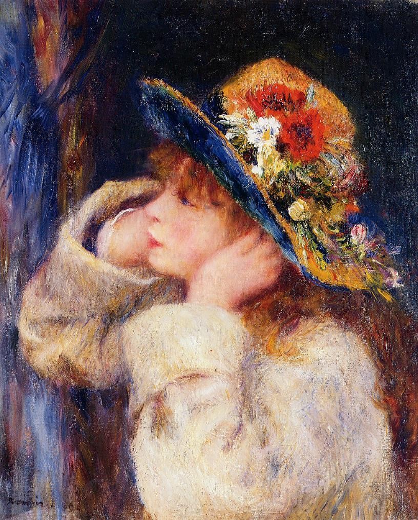 Young Girl in a Hat Decorated with Wildflowers by Pierre-Auguste Renoir