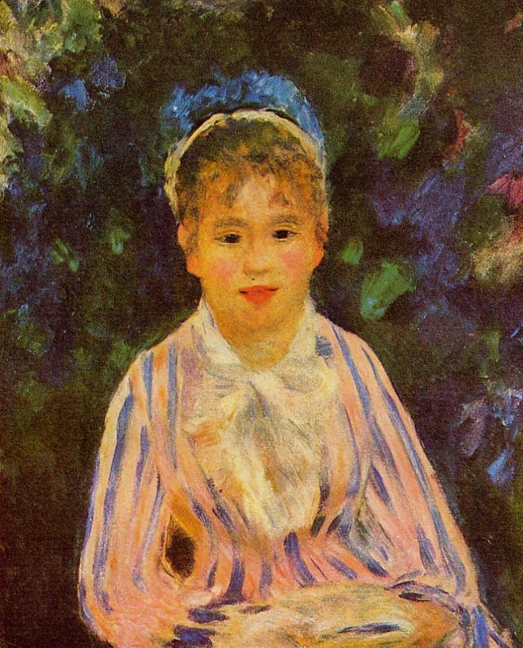 Young Woman in a Blue and Pink Striped Shirt by Pierre-Auguste Renoir
