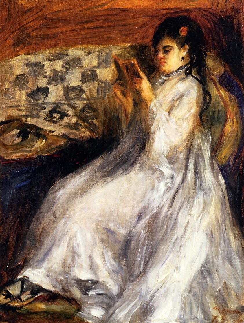 Young Woman in White Reading by Pierre-Auguste Renoir