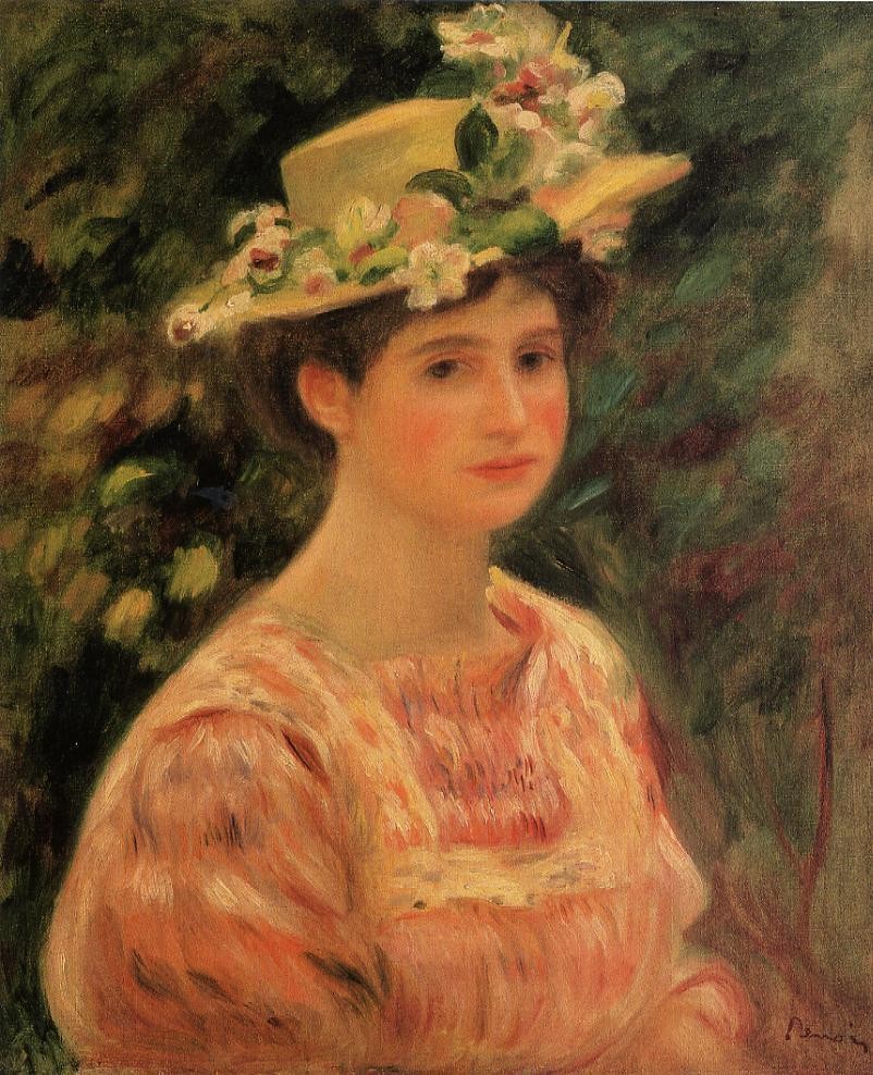 Young Woman Wearing a Hat with Wild Roses by Pierre-Auguste Renoir