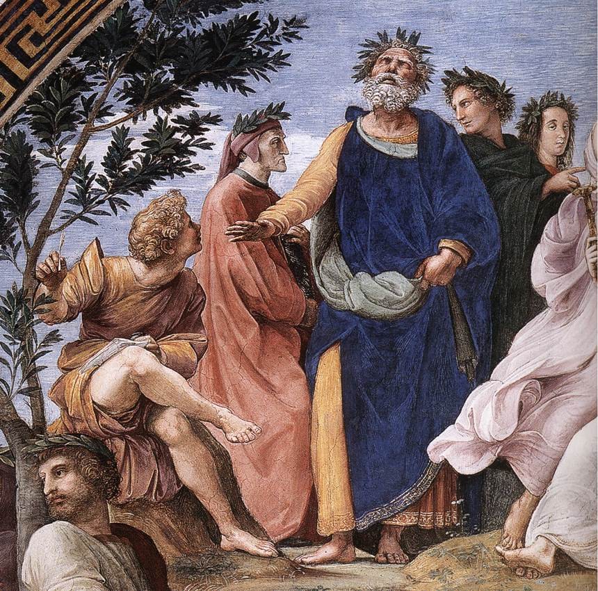 The Parnassus, detail of Homer, Dante and Virgil, in the Stanze della Segnatura by Raphael