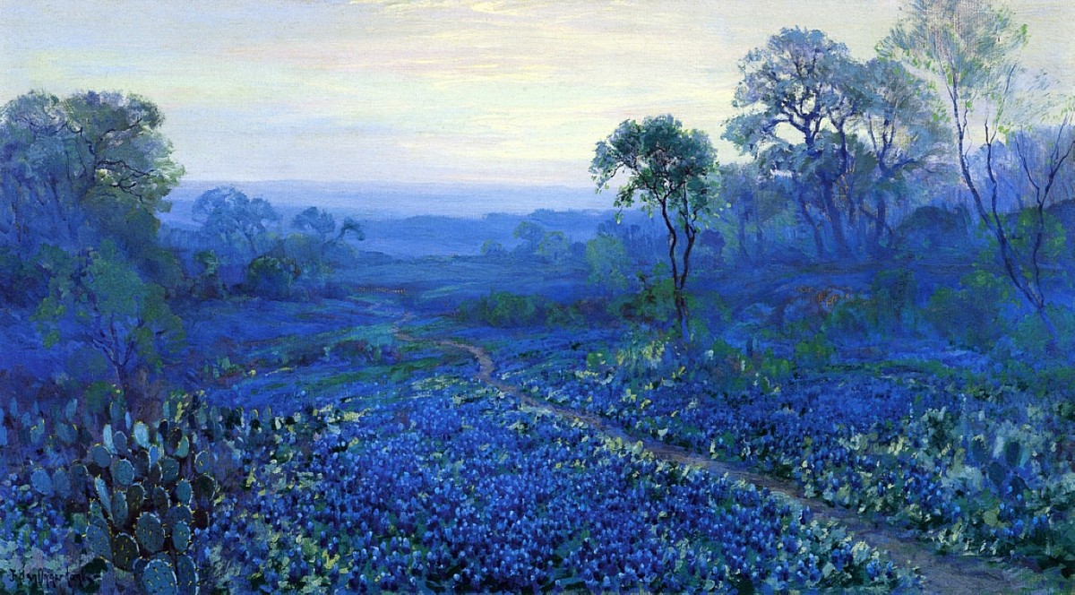 Bluebonnet Landscape with Catci, Road and Mountain Laurel by Robert Julian Onderdonk