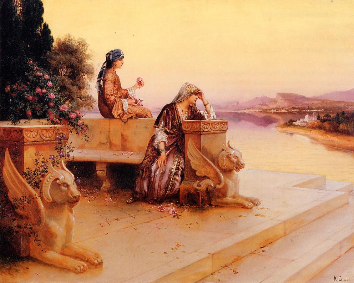 Elegant Arab Ladies on a Terrace at Sunset by Rudolf Ernst