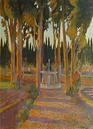 Golden cypress trees by Santiago Rusinol