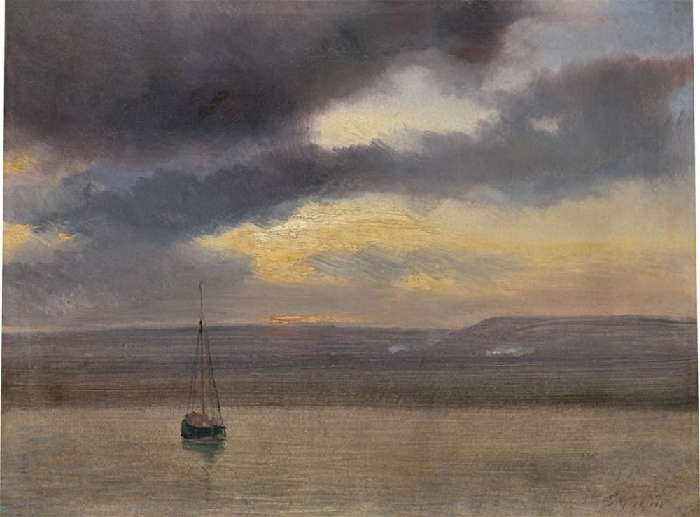 Lake scene with fishing boat by Theodore Gudin