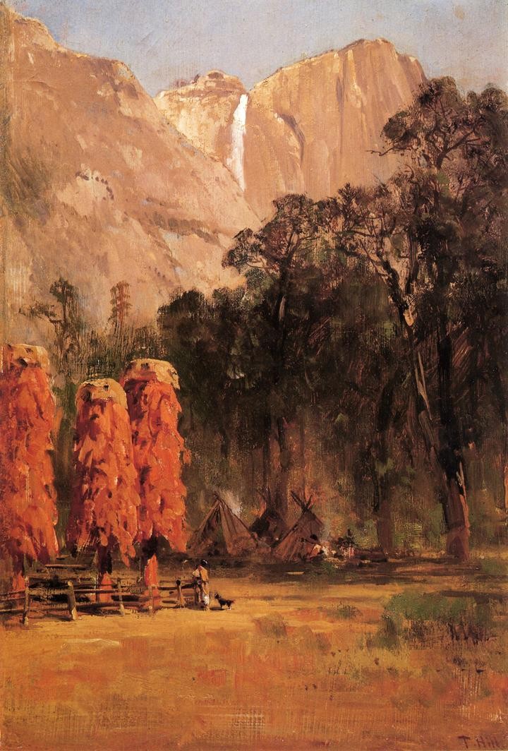 Acorn granaries, by Piute Indian camp in Yosemite by Thomas Hill