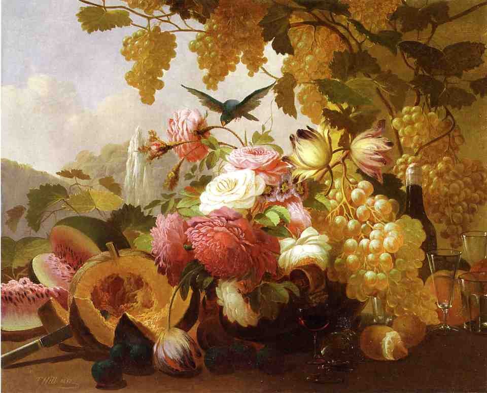 Still Life with roses and Wine Glasses by Thomas Hill