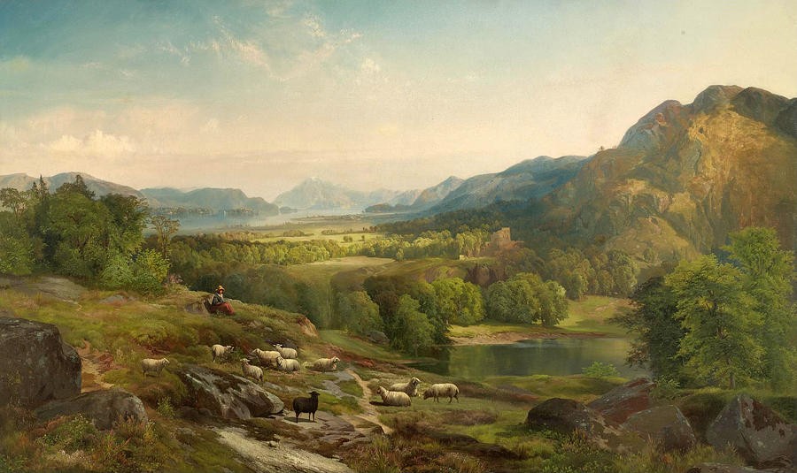 Shepherdess Watching Her Flock by Thomas Moran