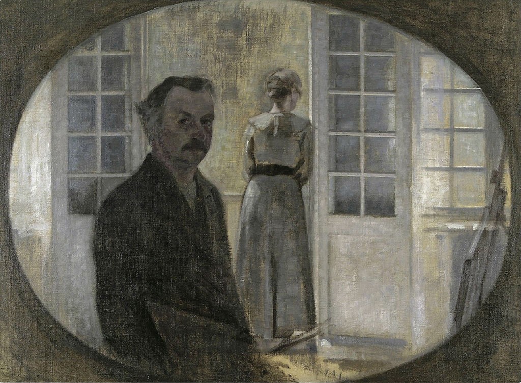 Double portrait of the artist and his wife seen through a mirror by Vilhelm Hammershoi
