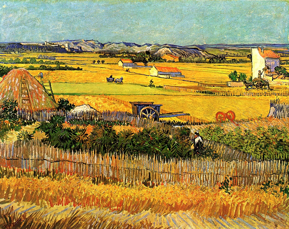 Harvest at La Crau, with Montmajour in the Background by Vincent van Gogh