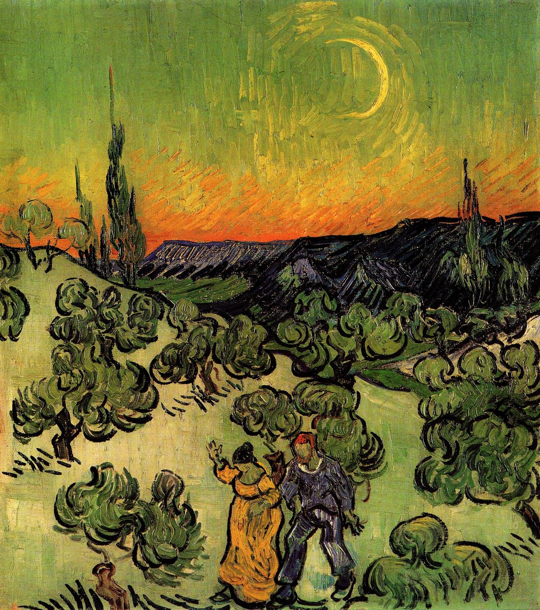 Landscape with Couple Walking and Crescent Moon by Vincent van Gogh