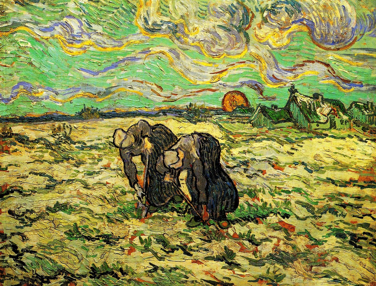 Two Peasant Women Digging in Field with Snow by Vincent van Gogh