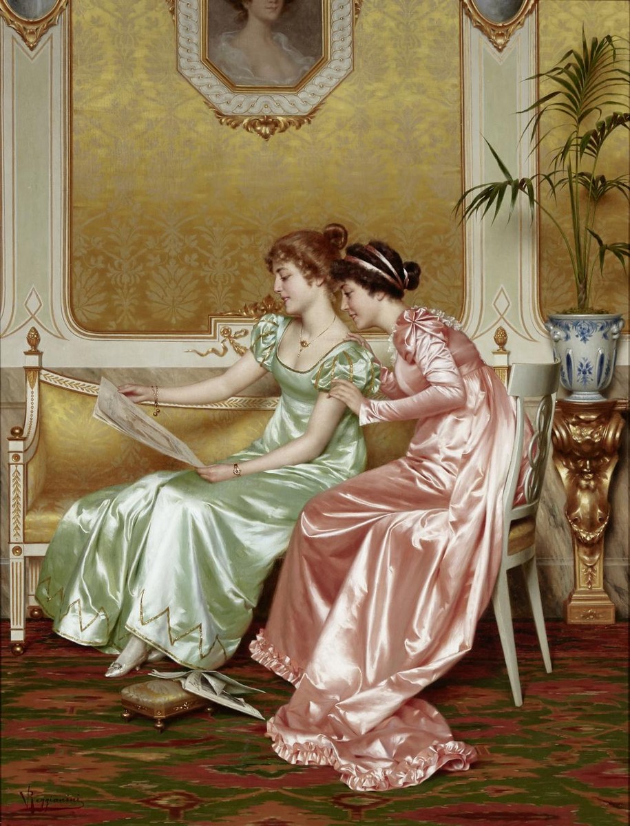 Two elegant young ladies in an interior perusing a magazine by Vittorio Reggianini