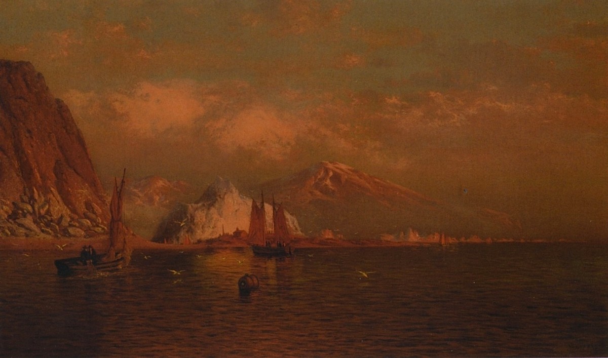 Labrador Mountain and Icebergs by LIght of the Midnight Sun by William Bradford