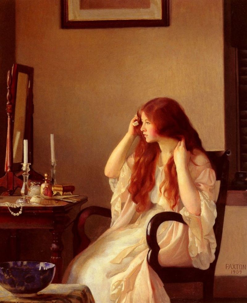 Girl combing her hair or Young girl with a mirror by William McGregor Paxton