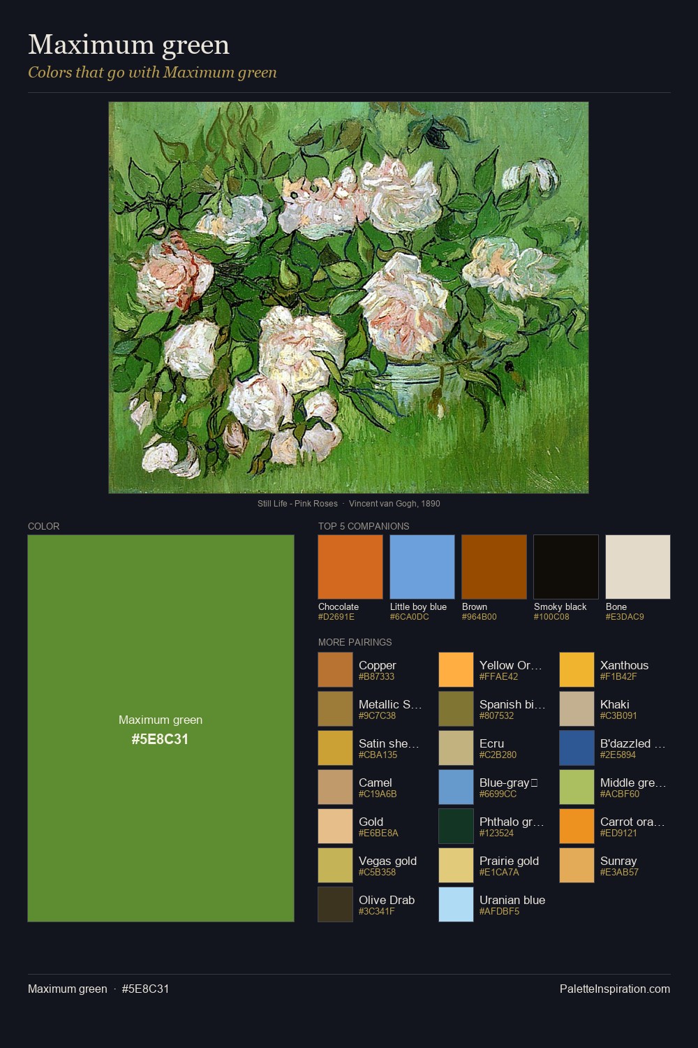 Colors That Go With Maximum green (#5E8C31) - Master Painting Pairs
